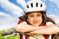 Portrait of beautiful girl in white helmet Royalty Free Stock Photo