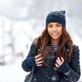 Portrait of beautiful girl in winter park Royalty Free Stock Photo