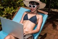 Portrait Beautiful girl Woman Using Laptop enjoying relaxing sit Royalty Free Stock Photo