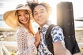 Portrait Of beautiful happy multiracial couple having fun together on the beach. Leisure time. Summer Royalty Free Stock Photo