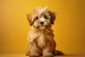 Portrait of Beautiful happy reddish havanese puppy dog on the orange background with copy space Royalty Free Stock Photo