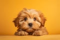 Portrait of Beautiful happy reddish havanese puppy dog on the orange background with copy space Royalty Free Stock Photo