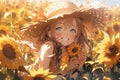 portrait of a beautiful happy smiling anime girl with blond hair in a straw hat on a field of sunflowers