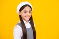 Portrait of beautiful happy smiling teenage girl on yellow studio background. Happy face, positive and smiling emotions Royalty Free Stock Photo