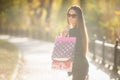 Portrait of a beautiful happy woman standing on the street holding shopping bags smiling Royalty Free Stock Photo