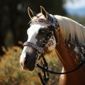 Portrait of a beautiful horse with a bridle on the field Royalty Free Stock Photo