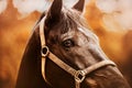 Portrait of a beautiful horse with a halter on its muzzle on a bright autumn day. Photo of a horse