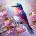 A portrait of a beautiful humingbird, perches on a branch of a spring tree, with flower, in a painting art