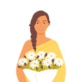 Portrait of a beautiful Indian woman with a bouquet of flowers. Female character on white background. International Women`s Day.