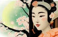 Portrait of beautiful Japanese geisha woman on background of sakura blossoms. Spring season hanami. Ai generation