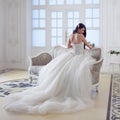 Portrait of beautiful laughing bride. Wedding dress with open back. Luxurious light interior Royalty Free Stock Photo