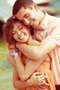 Portrait of a beautiful laughing smiling couple of hipsters in trendy clothing. Wedding day. Close up. Royalty Free Stock Photo