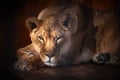 Lion wild animal. Portrait of a Beautiful lion in dark