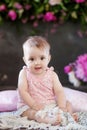 Portrait of a beautiful little baby girl with pink flowers. Sweet smiling girl sitting in wooden box on the floor Royalty Free Stock Photo