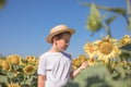 Portrait of beautiful little blond kid boy on summer sunflower field outdoors. Cute preschool child having fun on warm summer day Royalty Free Stock Photo