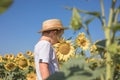 Portrait of beautiful little blond kid boy on summer sunflower field outdoors. Cute preschool child having fun on warm summer day Royalty Free Stock Photo