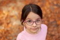 Portrait of a beautiful little girl with glasses in the autumn park Royalty Free Stock Photo