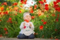 Portrait of a beautiful little girl having fun in field of red poppy flowers in spring. Royalty Free Stock Photo