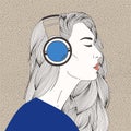 Portrait of beautiful long-haired young woman with closed eyes wearing headphones. Gorgeous girl listening to music