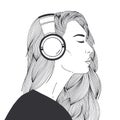 Portrait of beautiful long-haired young woman wearing headphones drawn with black contour lines on white background