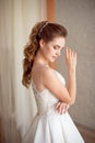 Portrait of Beautiful luxurious female model with medium brown hair in a long fashinable dress standing in the room. Royalty Free Stock Photo