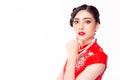 Portrait beautiful make up of young Chinese woman. Attractive beautiful asian lady apply beautiful makeup, red lips, nice hairdo. Royalty Free Stock Photo