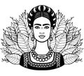 Portrait of the beautiful Mexican girl in ancient clothes, background - the stylized leaves of plants.