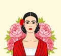 Portrait of the beautiful Mexican girl in ancient clothes, a background - the stylized roses.