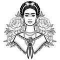 Portrait of the beautiful Mexican girl in ancient clothes, a background - the stylized roses.