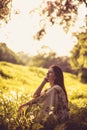 Portrait of beautiful middle age woman at nature. Royalty Free Stock Photo