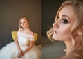 Portrait of a beautiful miniature bride in a lace dress. Hair with curls. Emphasis in make-up on the eyes.Blonde