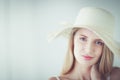 Portrait of beautiful model in hat ,isolated on white background Royalty Free Stock Photo