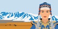 Portrait of a beautiful Mongol woman in a national costume on the background of a mountain landscape.Vector illustration Royalty Free Stock Photo