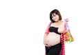 Portrait of the beautiful 9 month pregnant woman with holding to Royalty Free Stock Photo