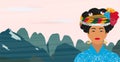 Portrait of a beautiful Mosuo women in China in a national costume on the background of a mountain landscape.Vector illustration Royalty Free Stock Photo