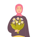 Portrait of a beautiful Muslim woman with a bouquet of flowers. Female character on a dark background. International Women`s Day.