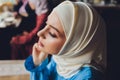 portrait of a beautiful Muslim woman in traditional Islamic clothing and cover their heads. Royalty Free Stock Photo