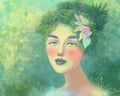 Portrait of a beautiful mythical woman in green shades. Green, Fairy, Woman - Summer, Woman - Spring, Woman Ecology. Woman with