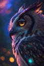 Portrait of a beautiful owl on a background of blue and purple lights. Royalty Free Stock Photo