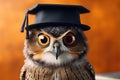 Portrait of a beautiful owl in a hat on an orange background Royalty Free Stock Photo