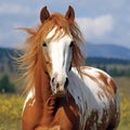 Portrait of a beautiful palomino stallion in the field