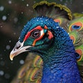 Portrait of beautiful peacock with colorful feathers in the snow Royalty Free Stock Photo