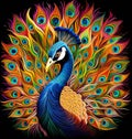 Portrait of a beautiful peacock with loose feathers in the form of colourful patterns in decorative art style