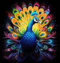 Portrait of a beautiful peacock with loose feathers in the form of colourful patterns in decorative art style