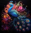 Portrait of a beautiful peacock with loose feathers in the form of colourful patterns in decorative art style