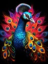 Portrait of a beautiful peacock with loose feathers in the form of colourful patterns in decorative art style