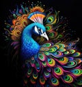 Portrait of a beautiful peacock with loose feathers in the form of colourful patterns in decorative art style