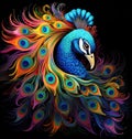 Portrait of a beautiful peacock with loose feathers in the form of colourful patterns in decorative art style