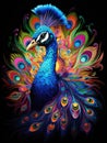 Portrait of a beautiful peacock with loose feathers in the form of colourful patterns in decorative art style