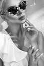 Portrait beautiful phenomenal stunning elegant blonde model woman with perfect face wearing a sunglasses Royalty Free Stock Photo